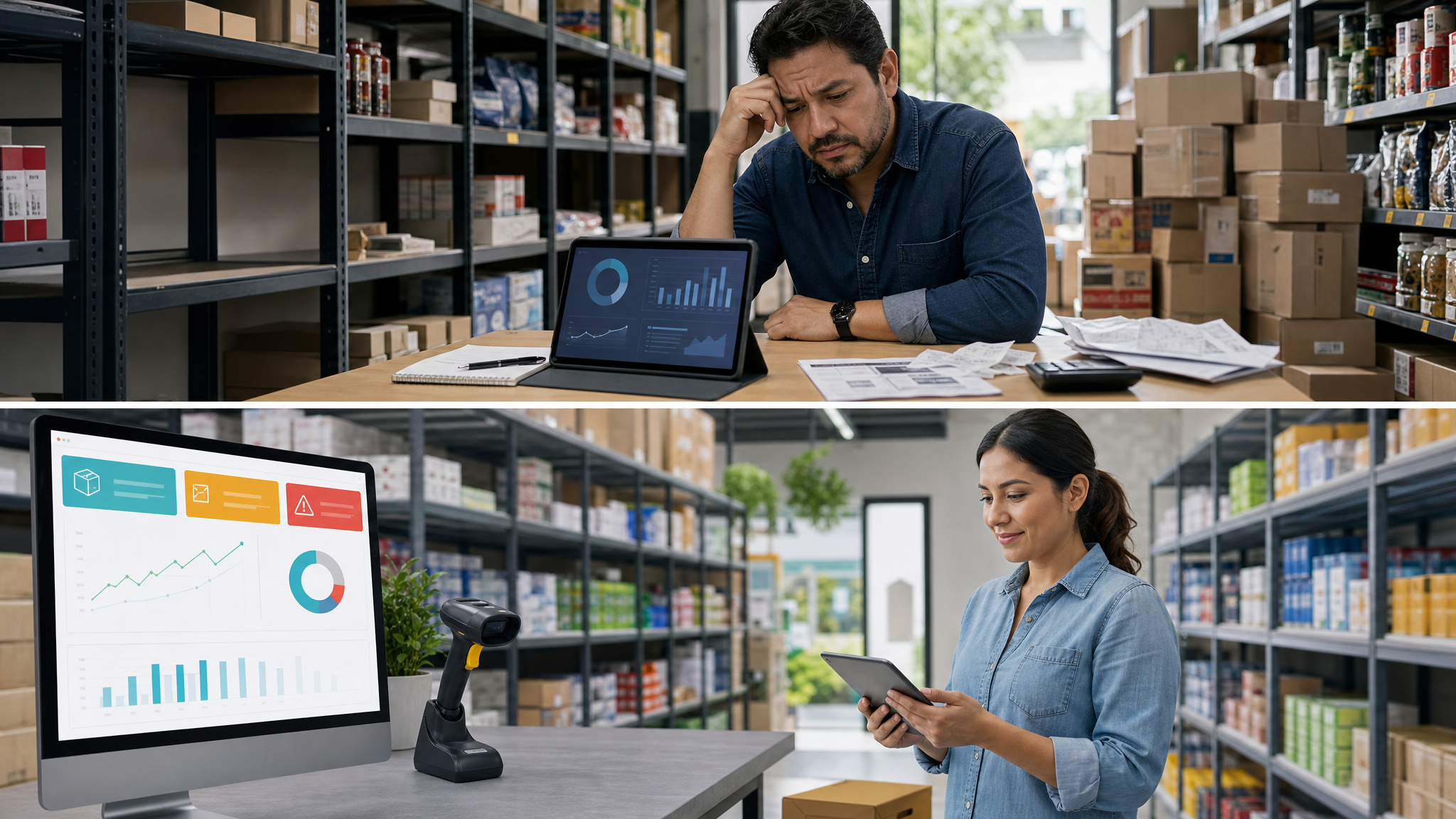 Dashboard de inventario organizado con alertas de stock, lector de código de barras y estanterías ordenadas