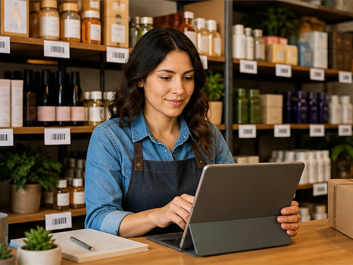 Dueña de negocio revisando su control de inventarios en una tablet
